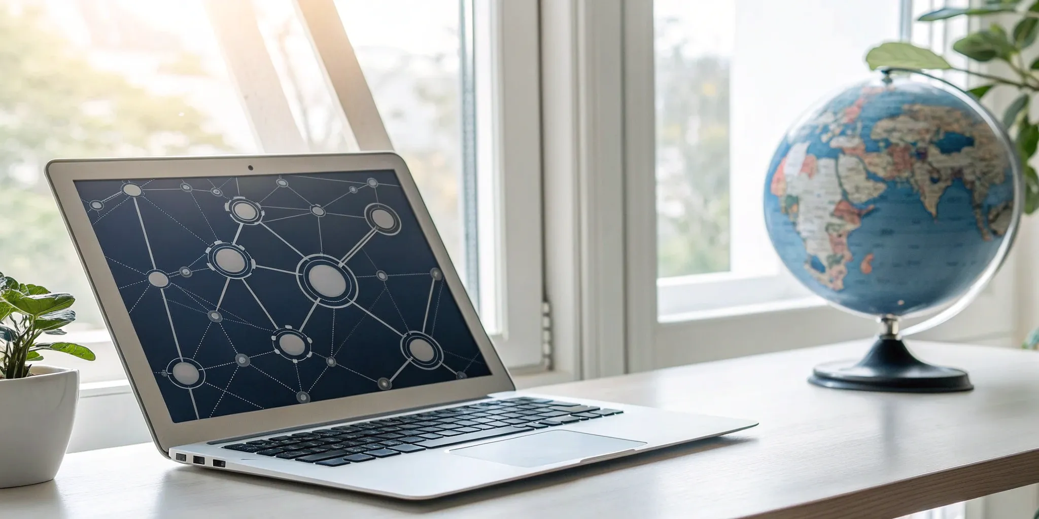 A desk with a laptop and globe for a business planning to outsource SEO services.