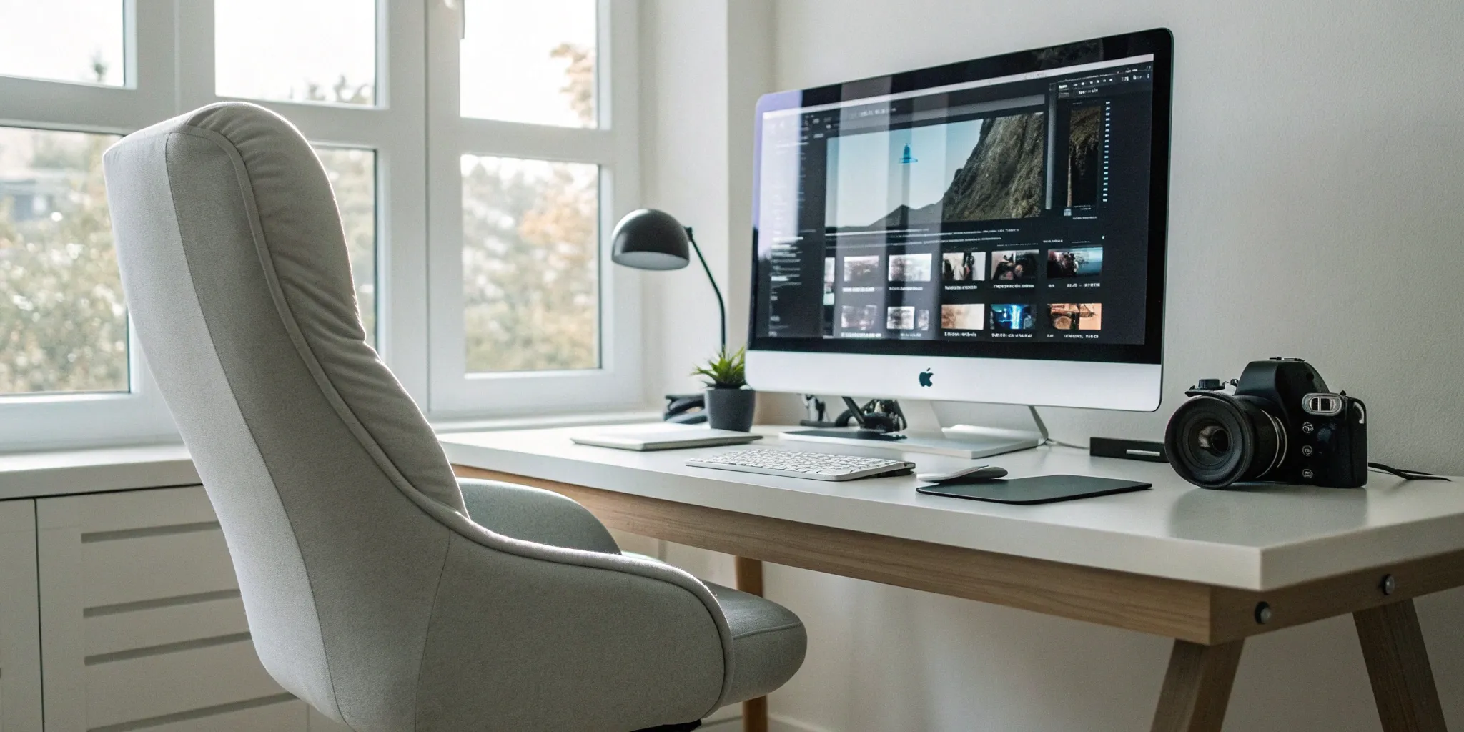 A modern workspace with a computer and camera for an outsourced video editing project.