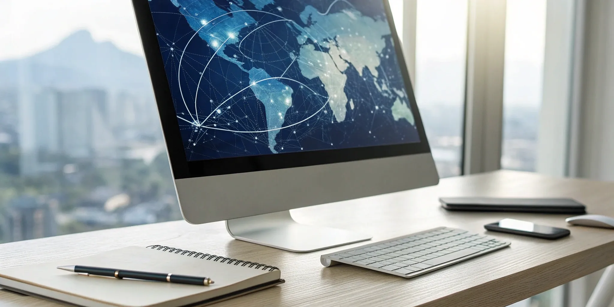 A global network on a computer screen, managed by an affiliate marketing outsourcing service.