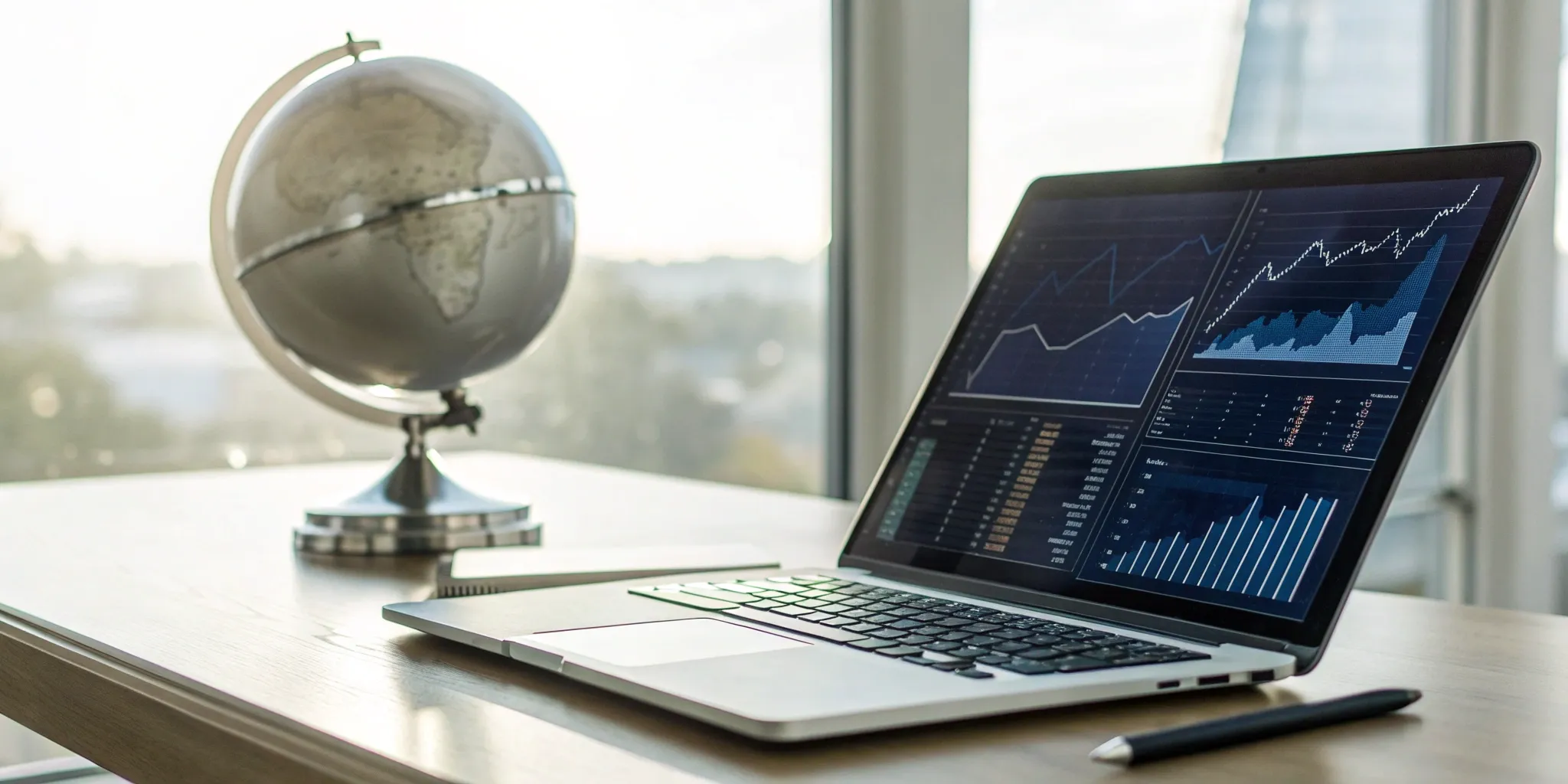 Laptop with affiliate program analytics next to a globe, representing outsourced management.