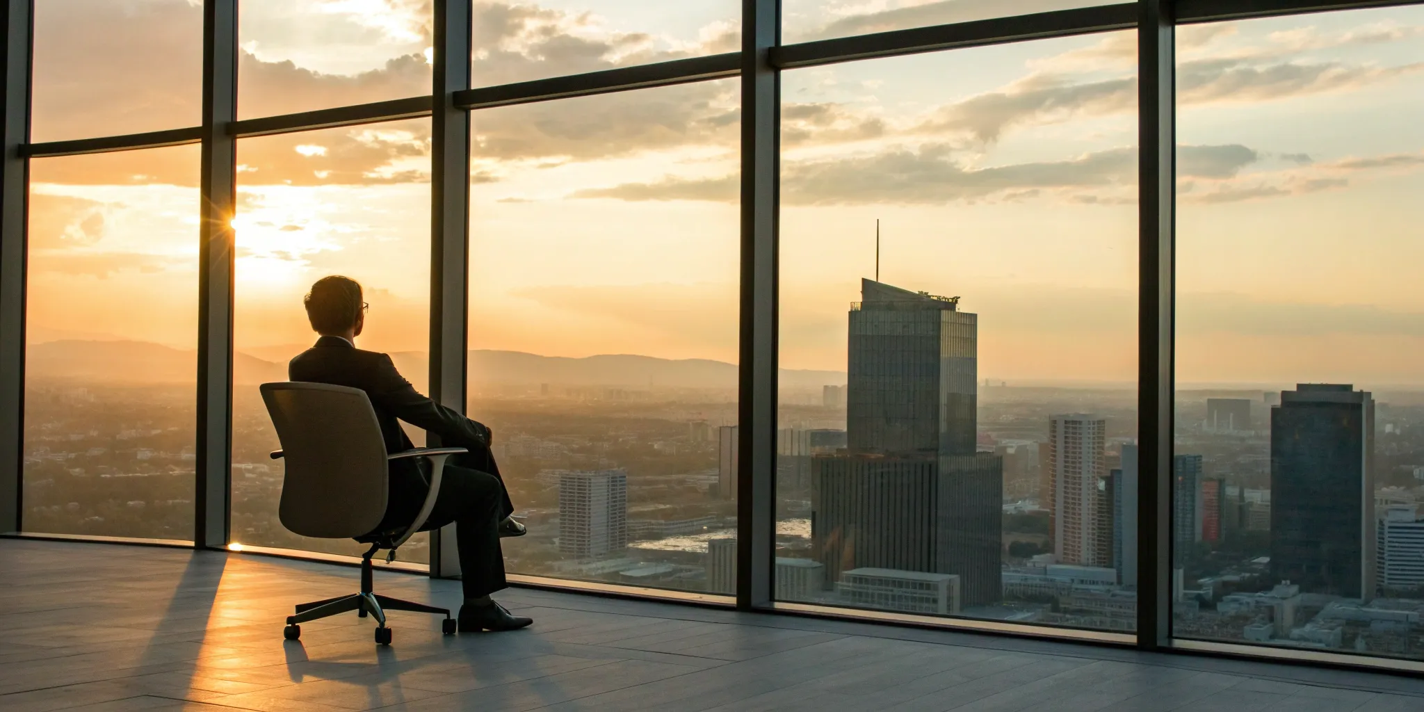 Business leader planning global expansion with offshore talent solutions from a city office.