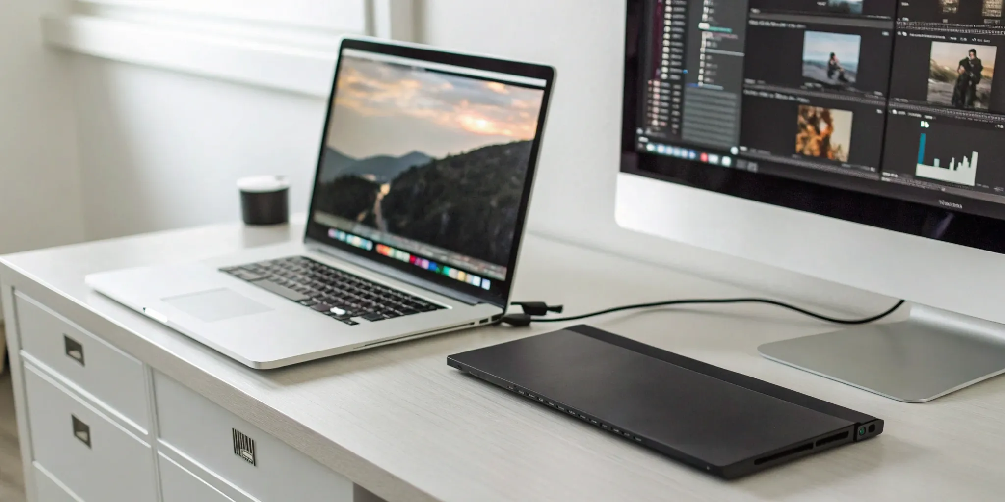 A video editor's workspace, a choice between a dedicated job vs a freelancer career.