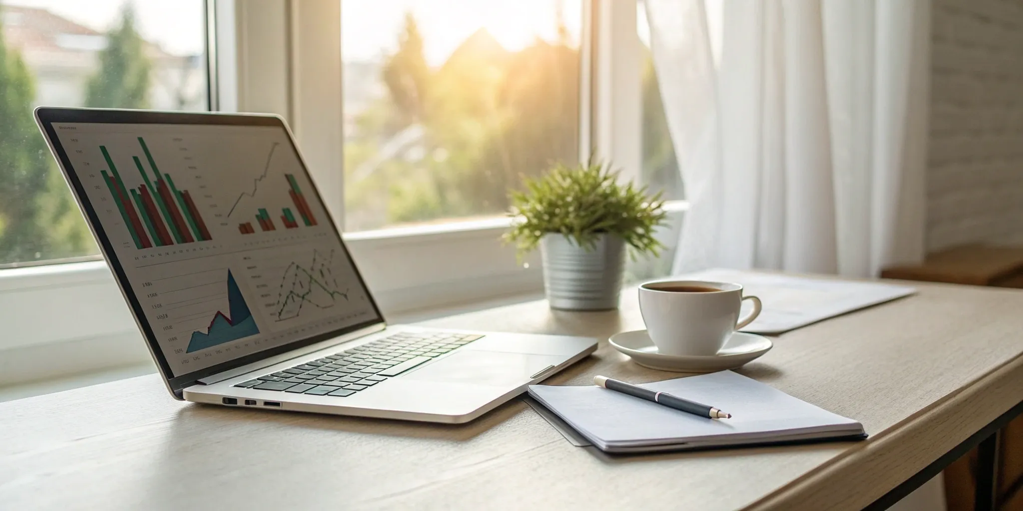 Desk of a dedicated remote marketing assistant with a laptop showing analytics.