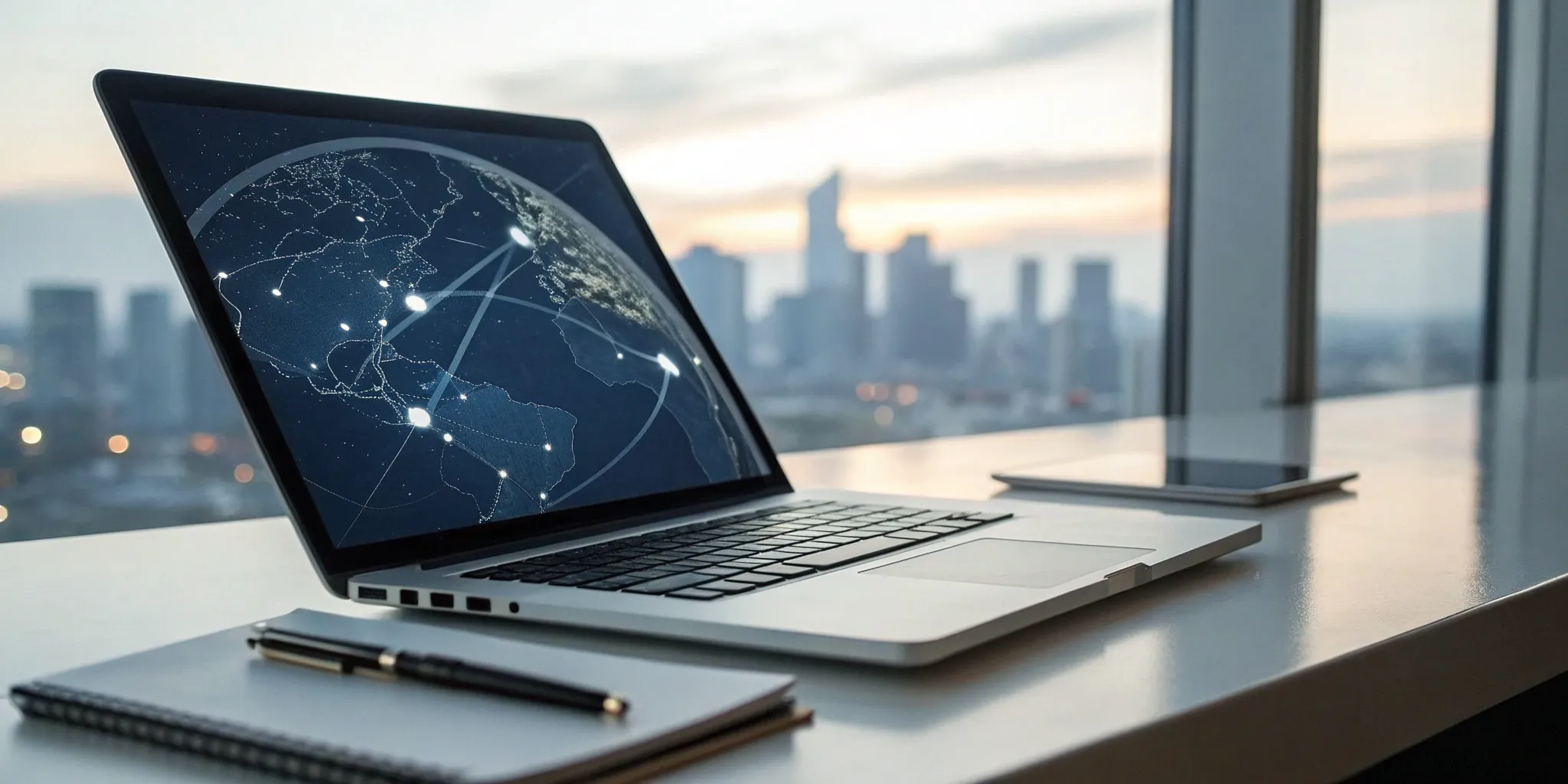 A desk setup for remote work, showing the global connectivity required for embedded talent.