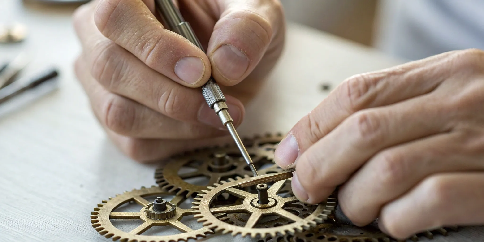 Hands using a precision tool on gears for email deliverability optimization.