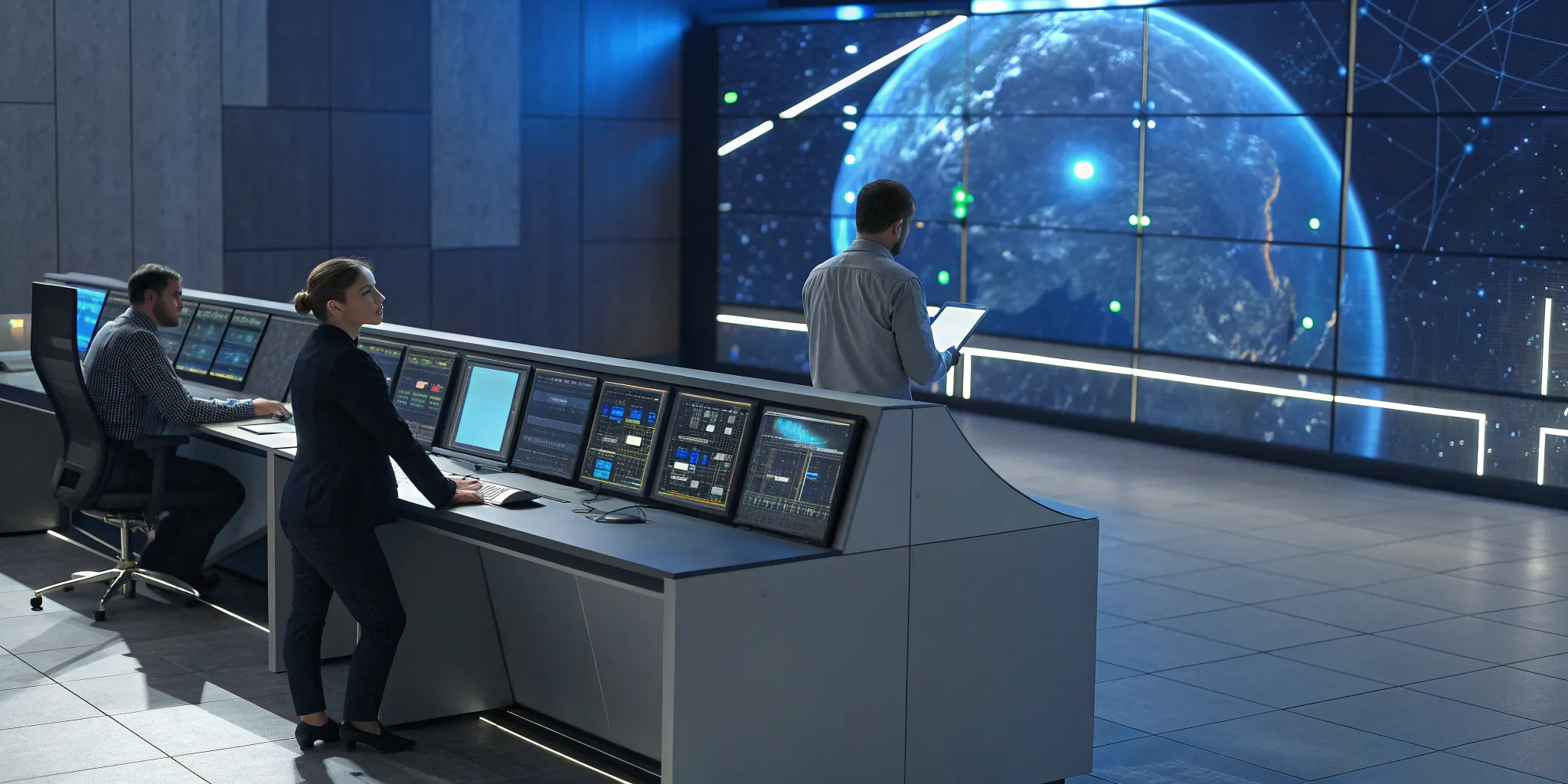 Team in a modern control room managing data across multiple screens for omnichannel support.