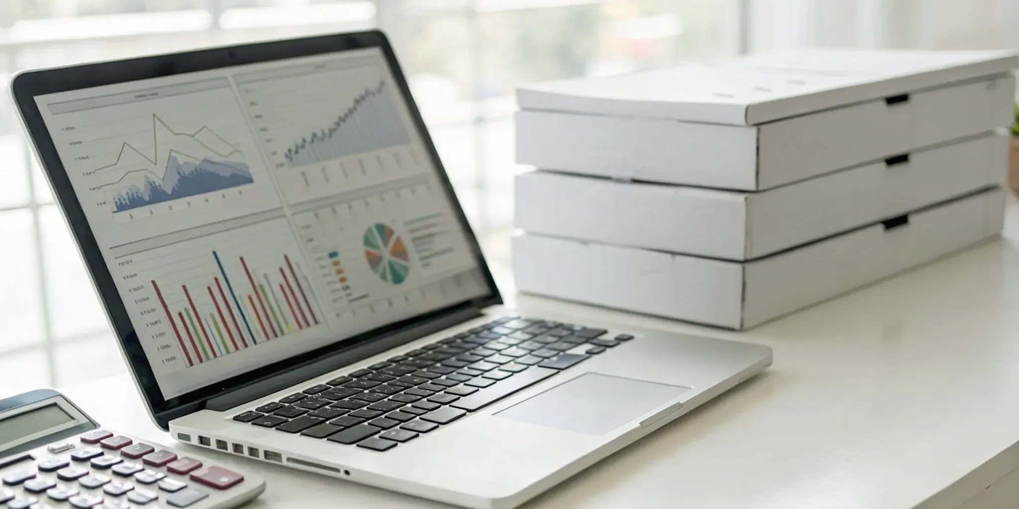 A desk setup for inventory forecasting with a laptop showing data, a calculator, and stock boxes.