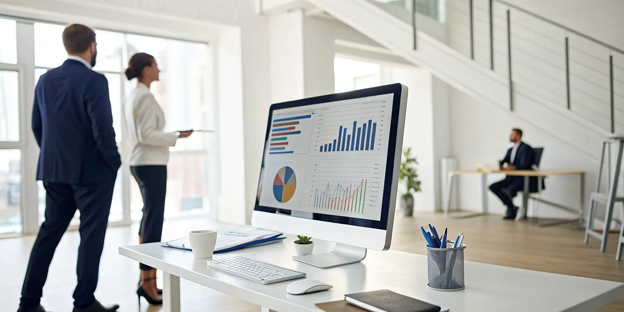 Computer displaying analytics charts for Amazon store management and performance tracking.