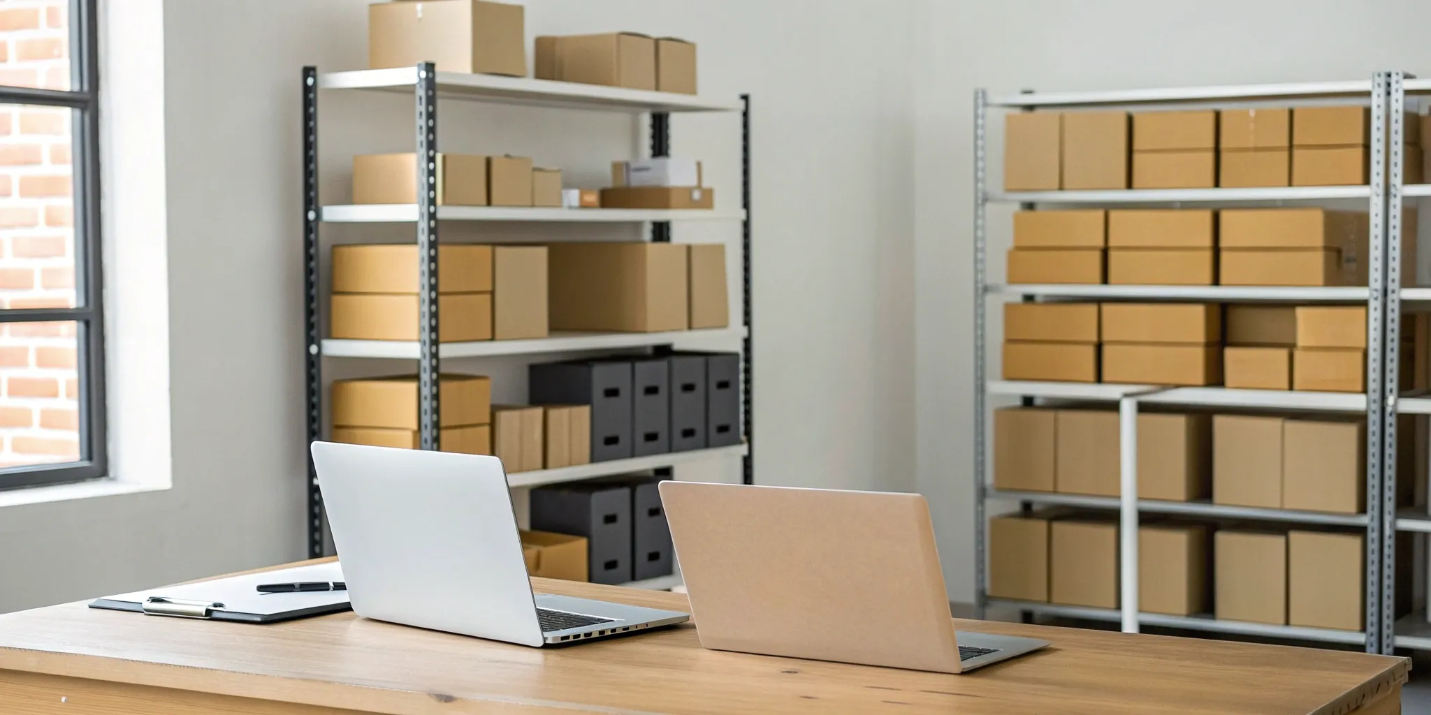 A modern workspace with laptops used for inventory management and organized stock in boxes.