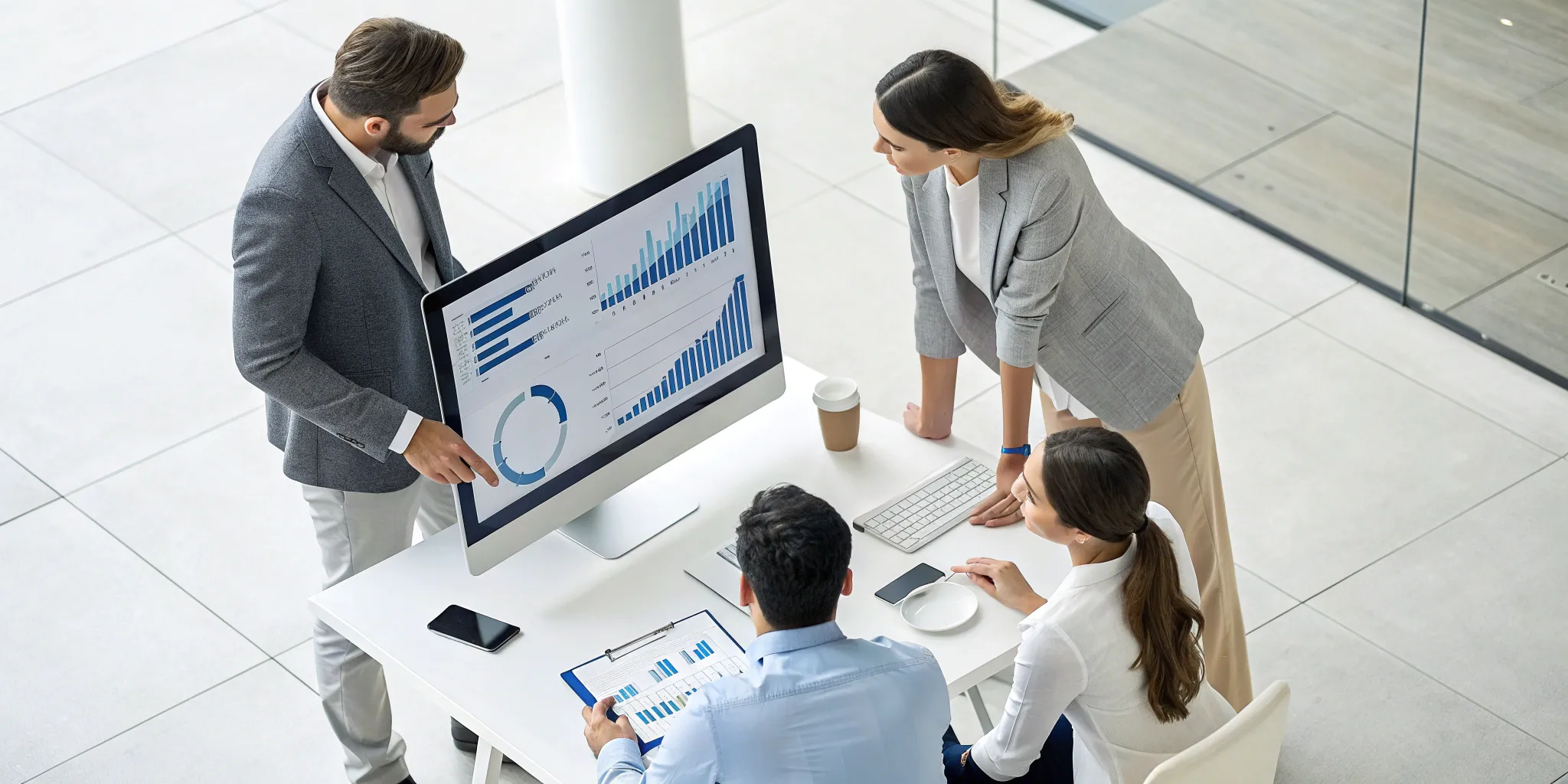 Team creating sales reporting on a computer to analyze data and drive growth.