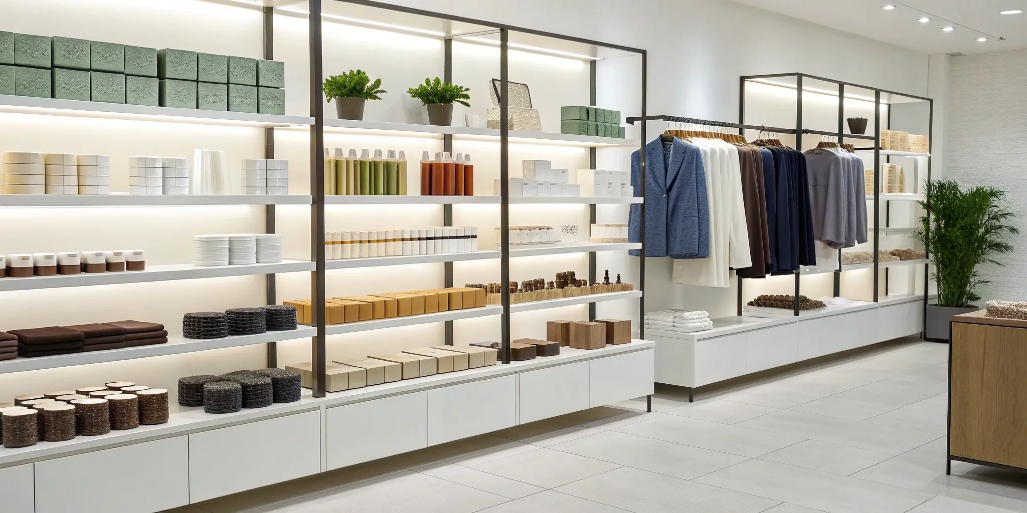 Merchandising execution in a modern retail store with organized shelves of apparel and merchandise.