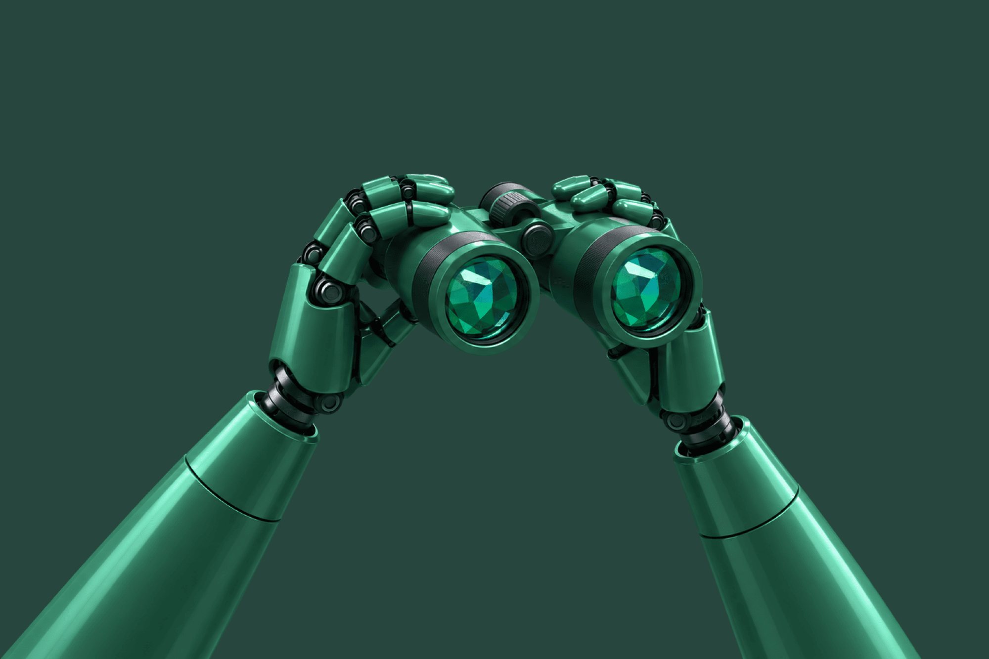 Green AI robot holding binoculars, symbolizing GEO monitoring and tracking brand visibility in AI search