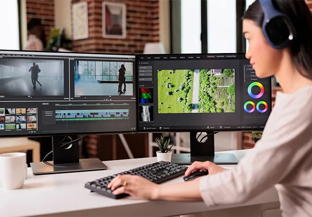 Video editor with headphones reviewing footage on dual monitors.