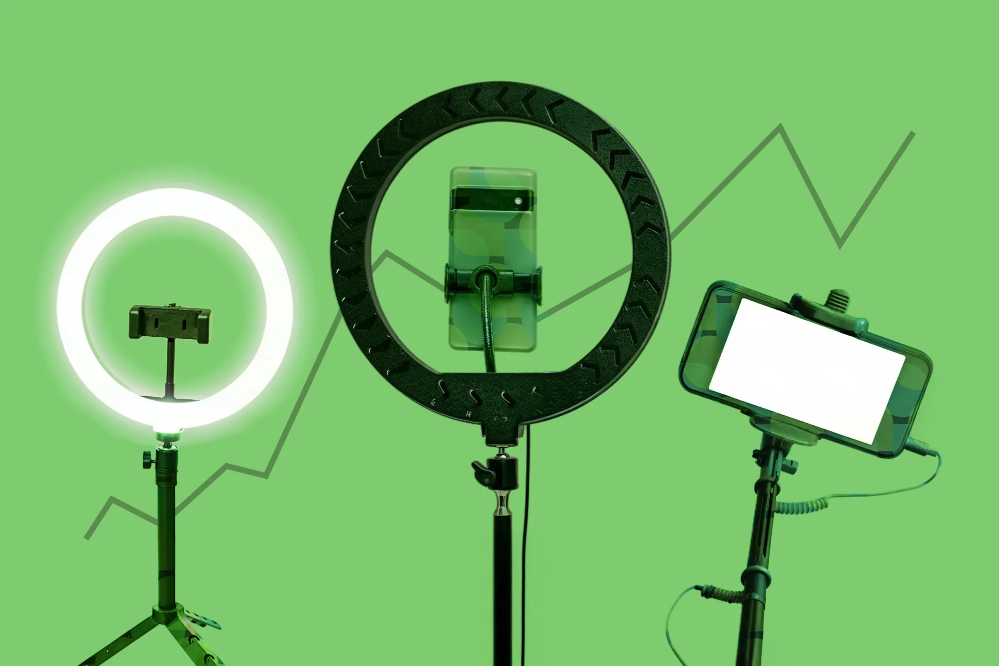 Ring lights and phone mounts set up for filming an influencer marketing campaign.