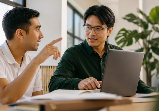 Two colleagues discussing PPC management costs at a laptop.