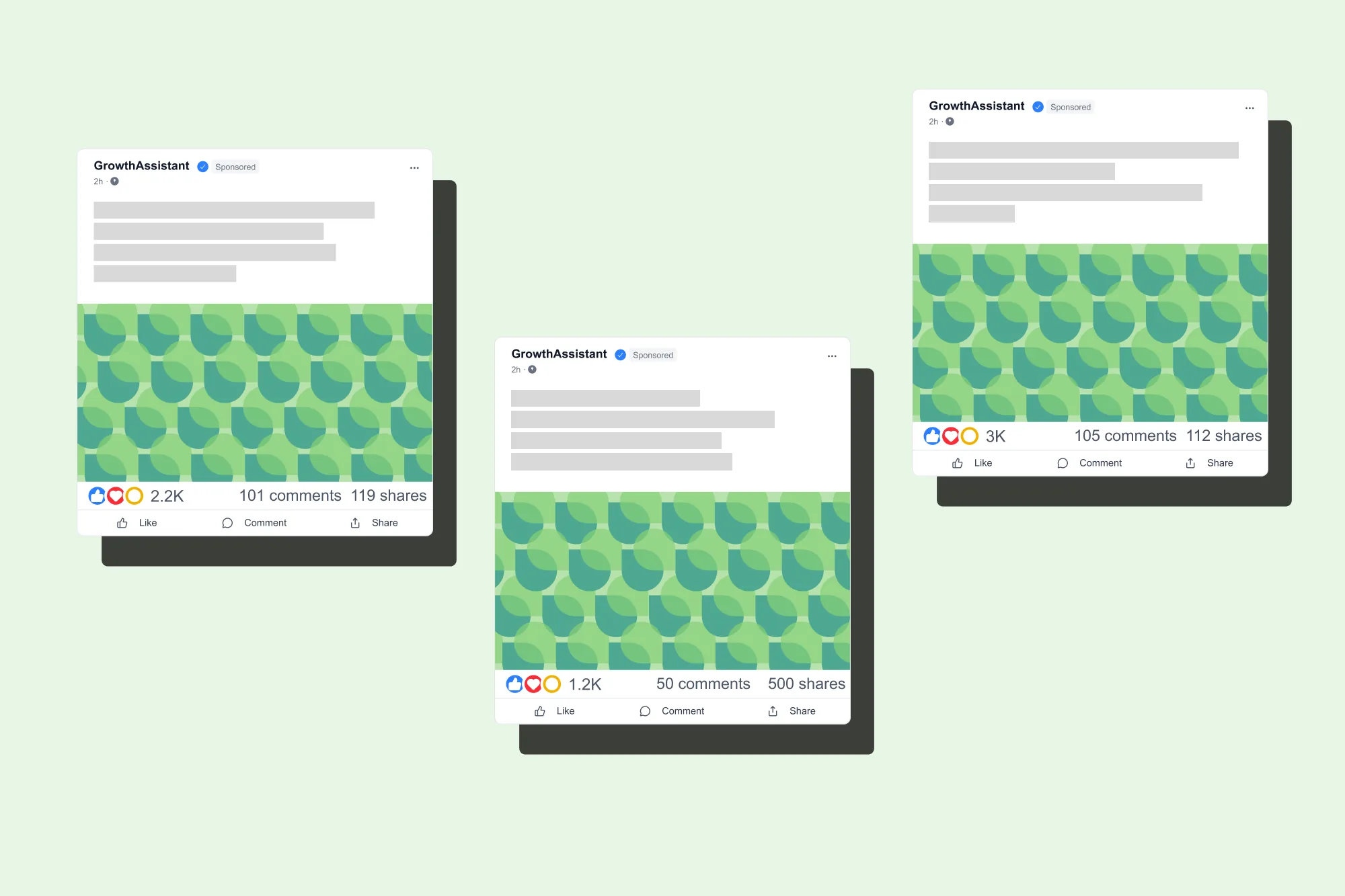 Mockup of sponsored social media ad posts with likes and shares.