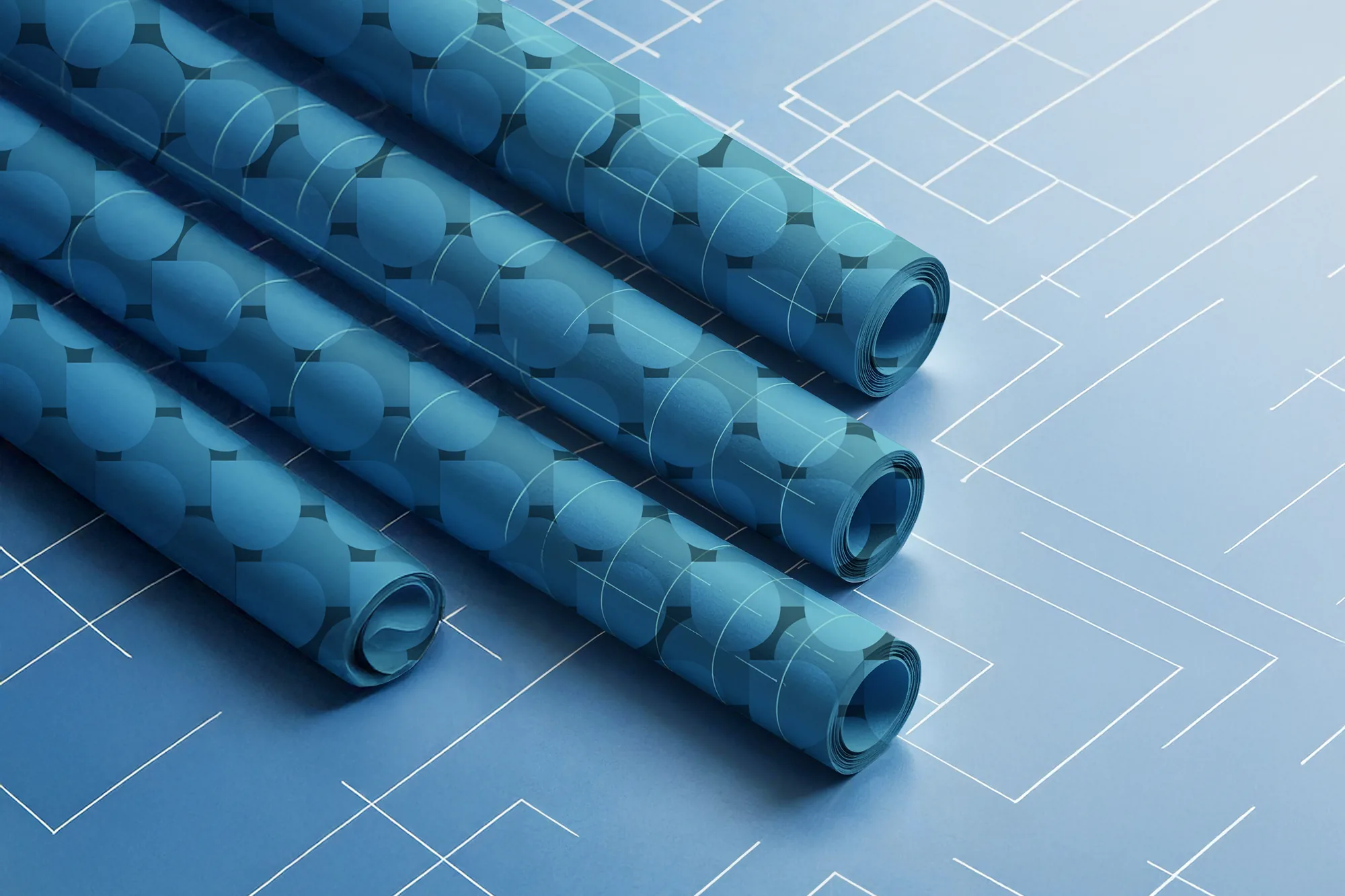 Rolled paper scrolls on a blueprint grid, symbolizing a Facebook ads reporting template.