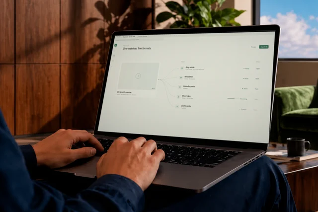 Person typing on a laptop showing a workflow that turns one webinar into five content formats