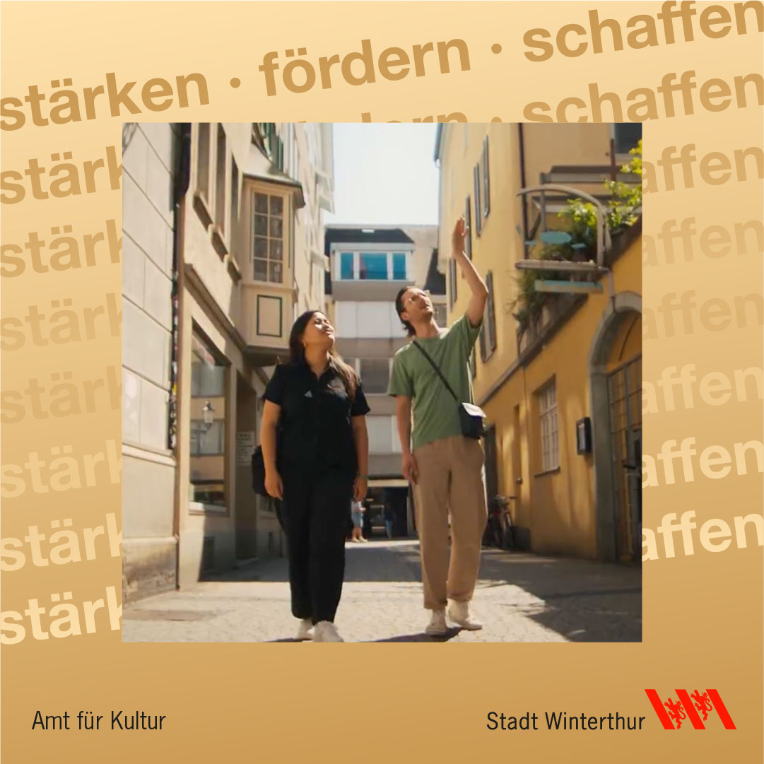 Instagram-Post mit farbigem Kooperationsrahmen und dem Schriftzug ‚stärken · fördern · schaffen‘ sowie den Logos Amt für Kultur und Stadt Winterthur.