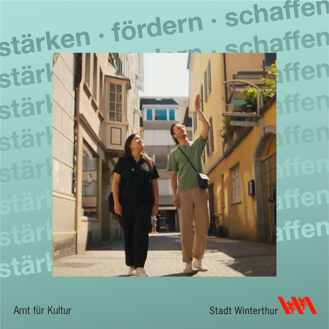 Instagram-Post mit farbigem Kooperationsrahmen und dem Schriftzug ‚stärken · fördern · schaffen‘ sowie den Logos Amt für Kultur und Stadt Winterthur.