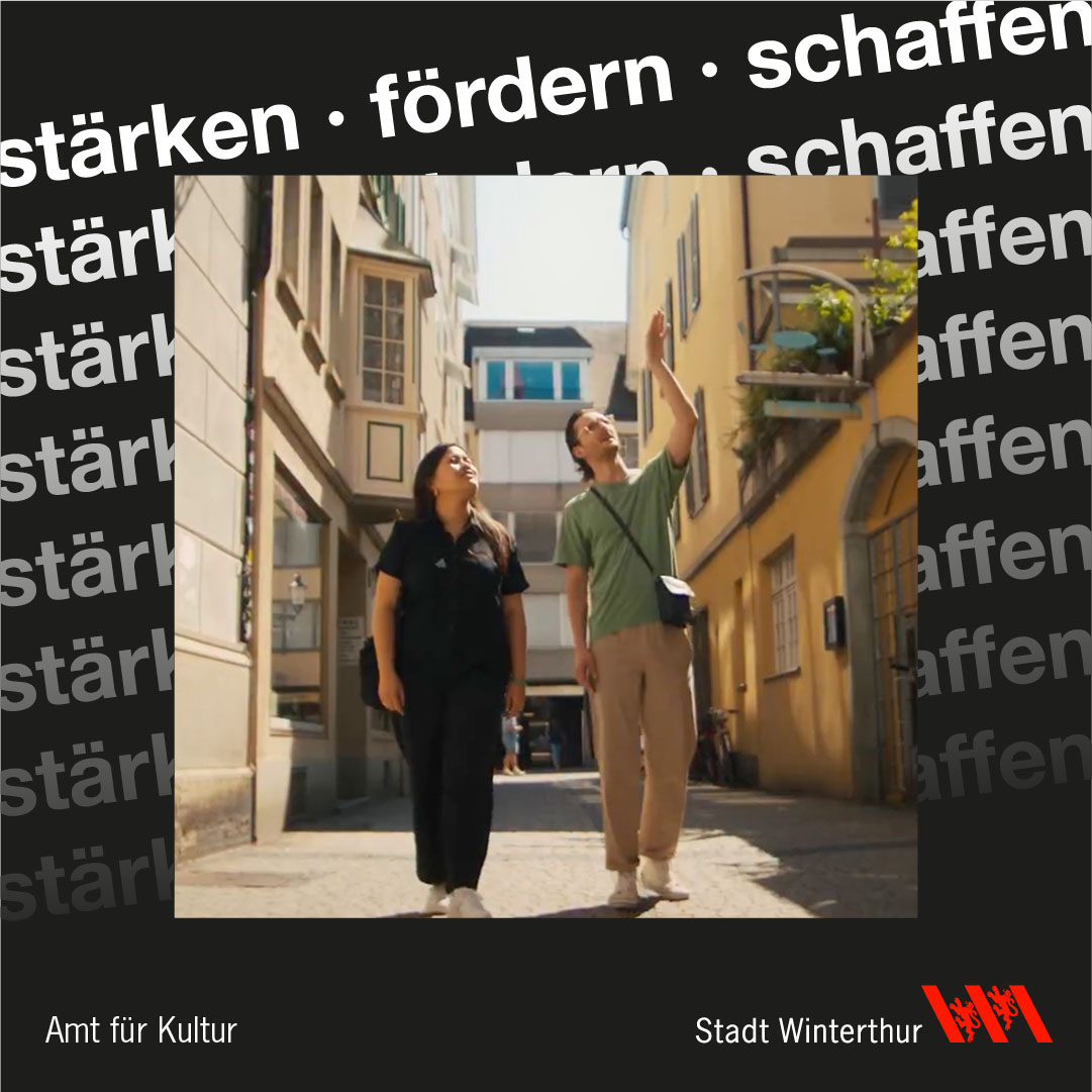 Instagram-Post mit schwarzem Kooperationsrahmen und dem Schriftzug ‚stärken · fördern · schaffen‘ sowie den Logos Amt für Kultur und Stadt Winterthur.