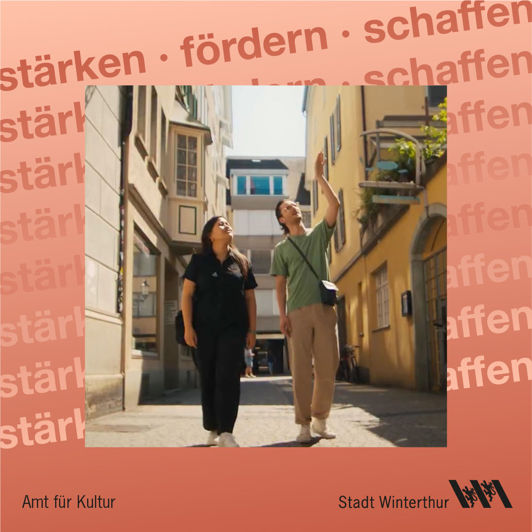 Instagram-Post mit farbigem Kooperationsrahmen und dem Schriftzug ‚stärken · fördern · schaffen‘ sowie den Logos Amt für Kultur und Stadt Winterthur.
