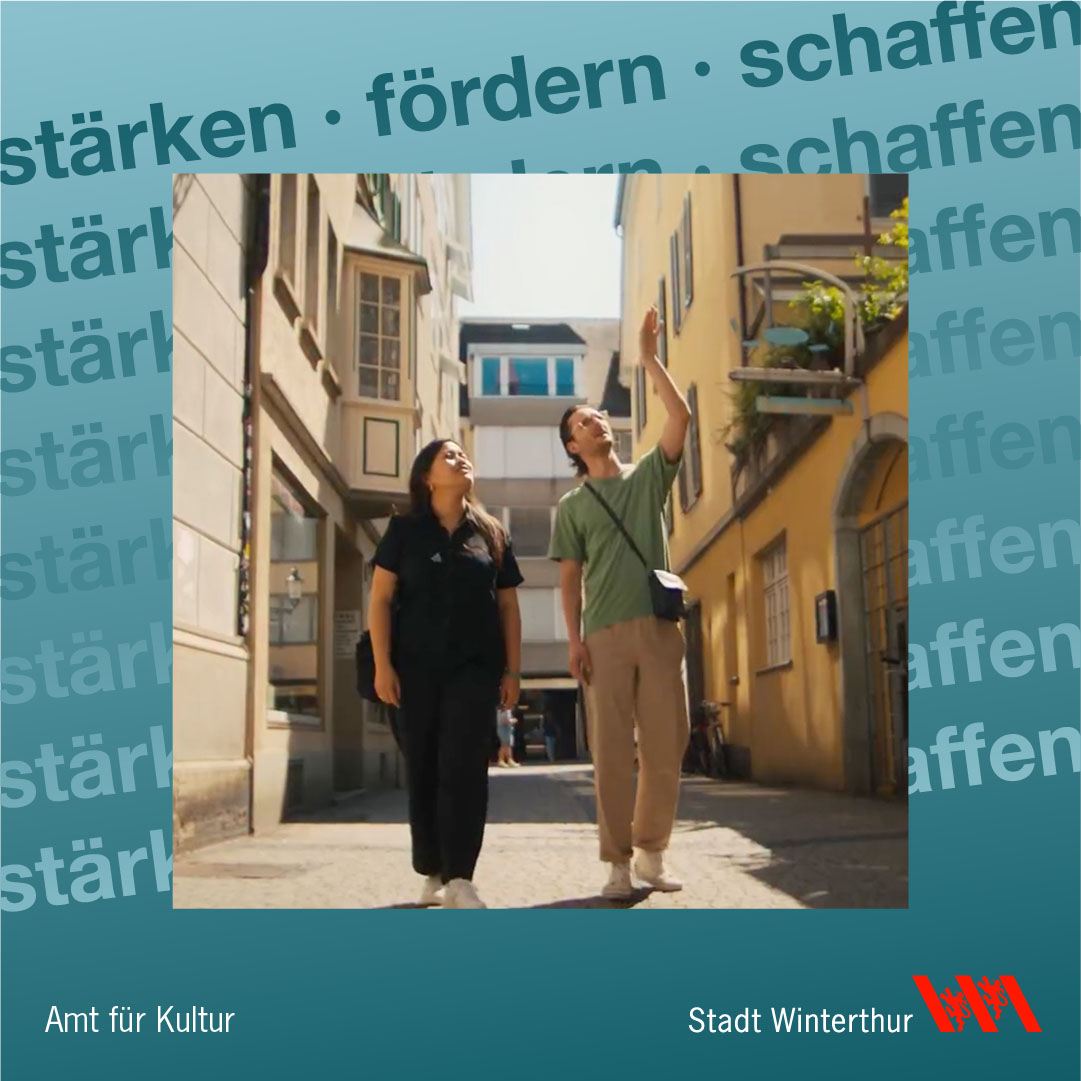 Instagram-Post mit farbigem Kooperationsrahmen und dem Schriftzug ‚stärken · fördern · schaffen‘ sowie den Logos Amt für Kultur und Stadt Winterthur.