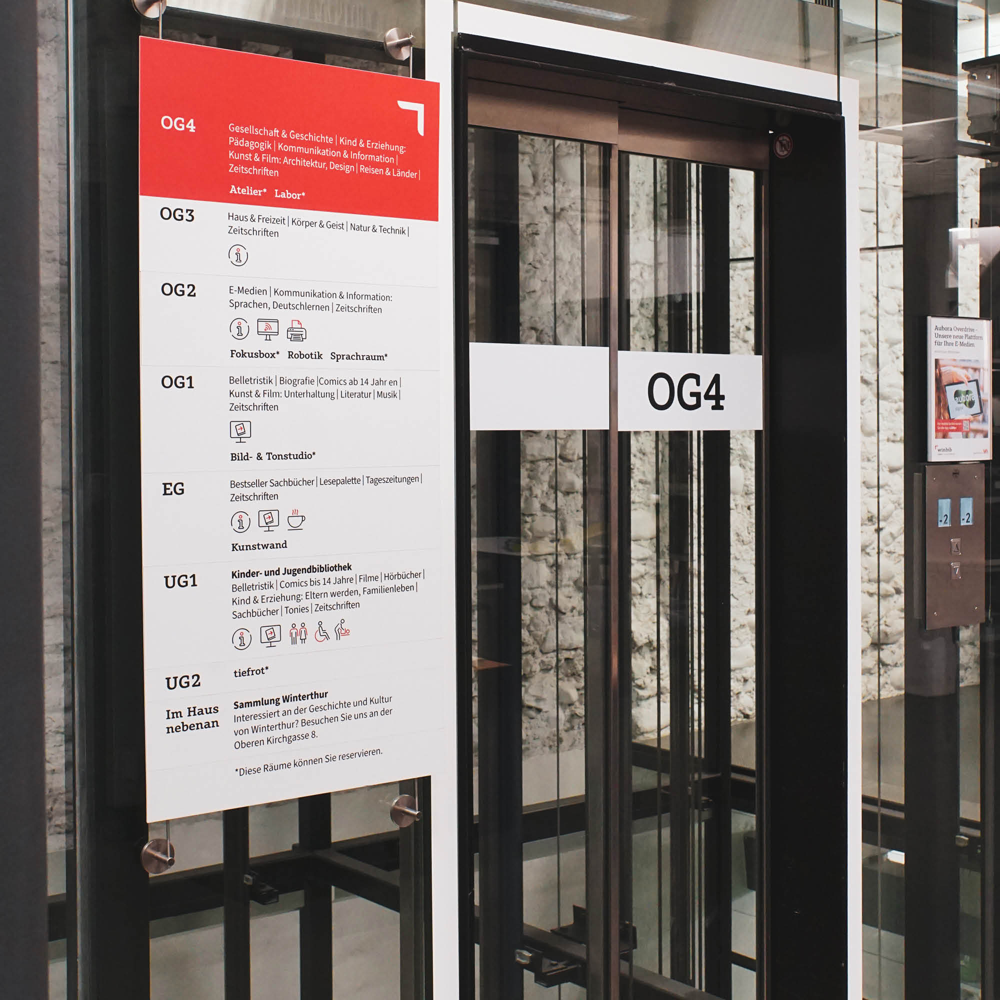 Orientierungsschild und Liftbeschriftung