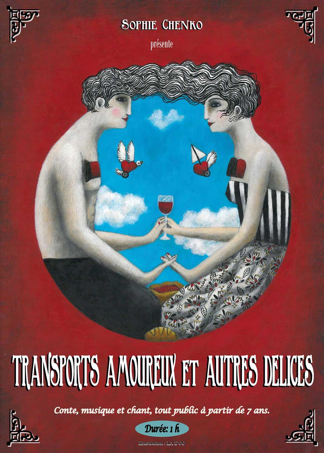 Affiche du spectacle tout public « Transports amoureux et autres délices » de Sophie Chenko, artiste conteuse