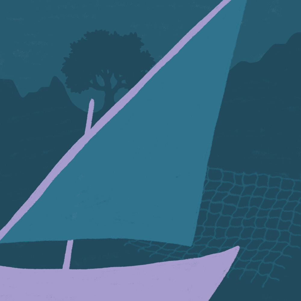 Image avec une voile latine sur fond de Méditerranée pour représenter le spectacle tout public « Merveilleuses histoires de Méditerranée » de Sophie Chenko, artiste conteuse