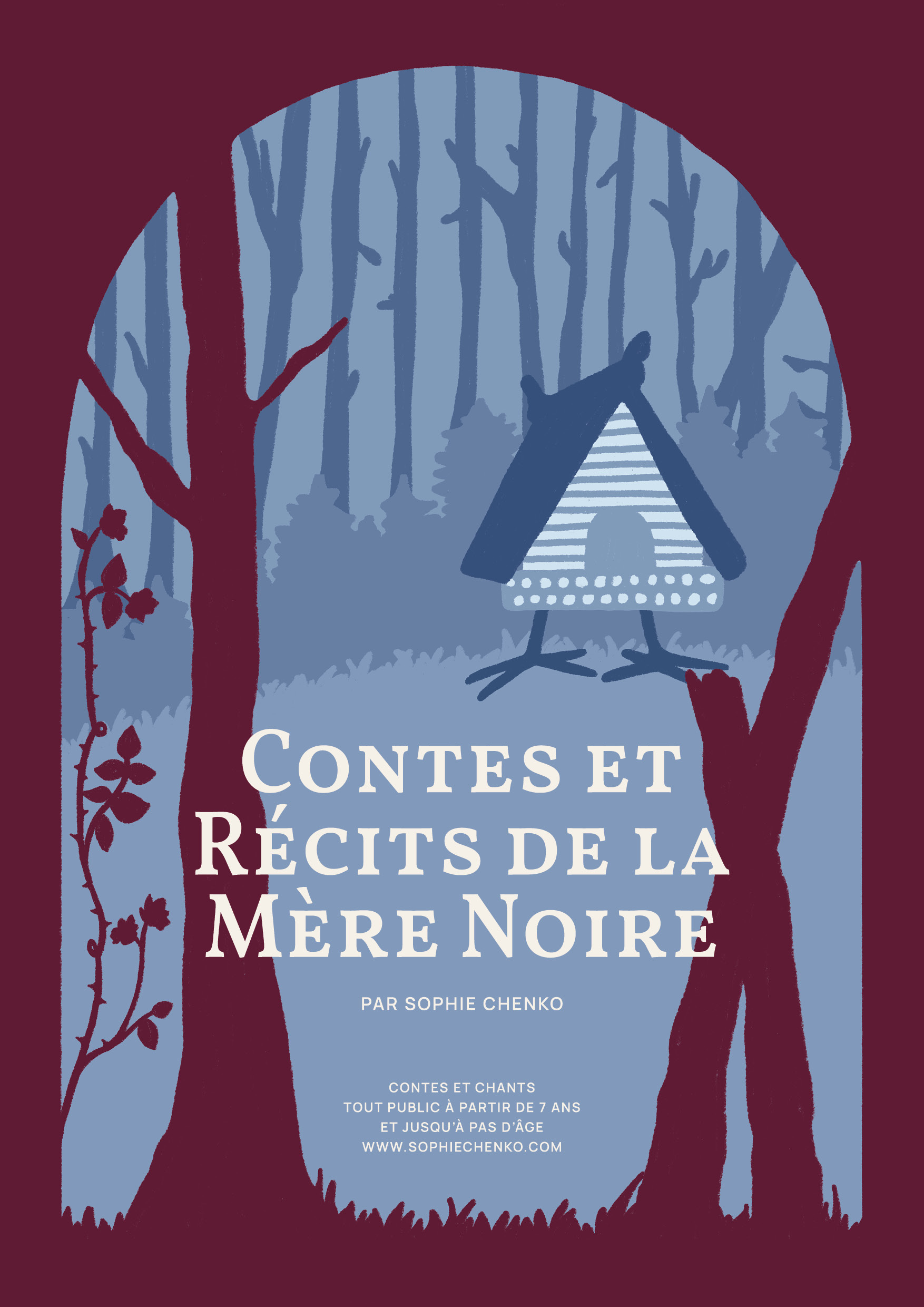 Image avec une forêt profonde et la maison de Baba Yaga, maison isba avec des pattes de poule, pour représenter le spectacle tout public « Contes et Récits de la Mère Noire » de Sophie Chenko, artiste conteuse