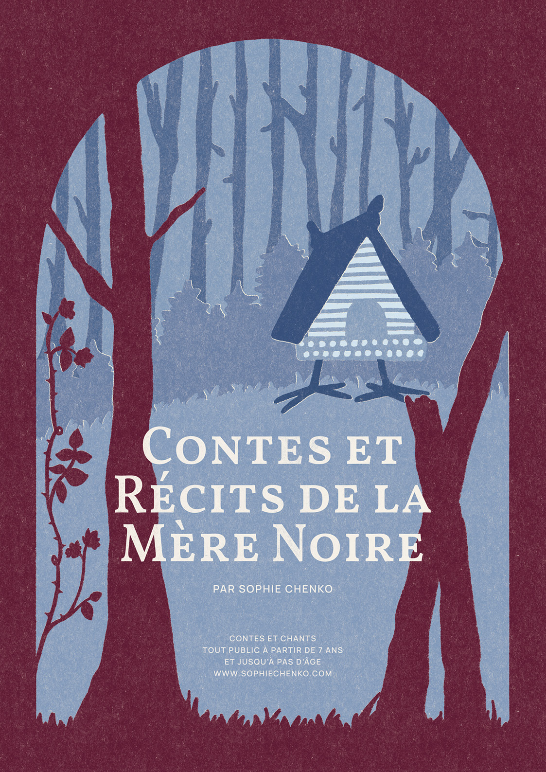 Image avec une forêt profonde et la maison de Baba Yaga, maison isba avec des pattes de poule, pour représenter le spectacle tout public « Contes et Récits de la Mère Noire » de Sophie Chenko, artiste conteuse