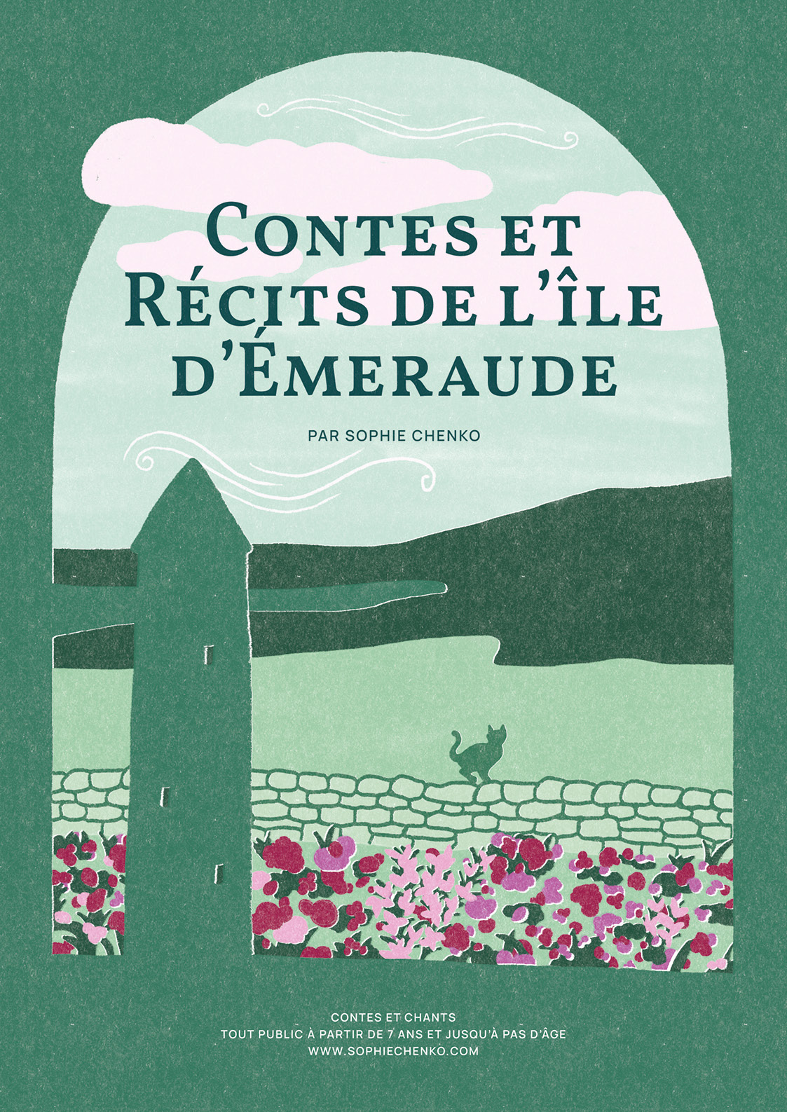Image avec une tour d'église et des prairies irlandaises pour représenter le spectacle tout public « Contes et Récits de l'Île d'Émeraude » de Sophie Chenko, artiste conteuse