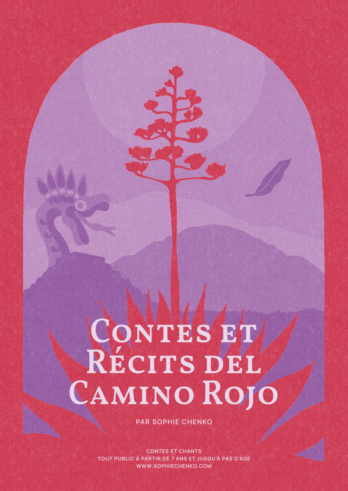 Image avec un maguey, des pyramides de Teotihuacan, un serpent à plumes et la lune pour représenter le spectacle tout public « Contes et Récits del Camino Rojo » de Sophie Chenko, artiste conteuse