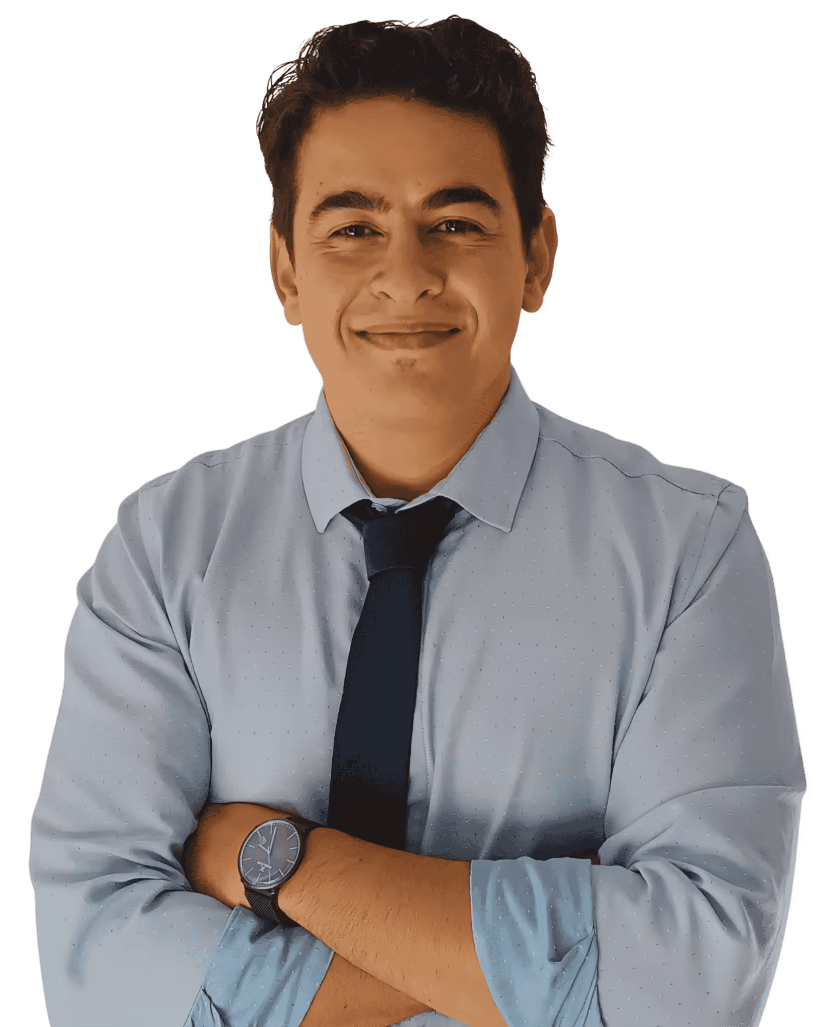 Man smiling with arms crossed, wearing a light blue dress shirt, dark tie, and wristwatch.