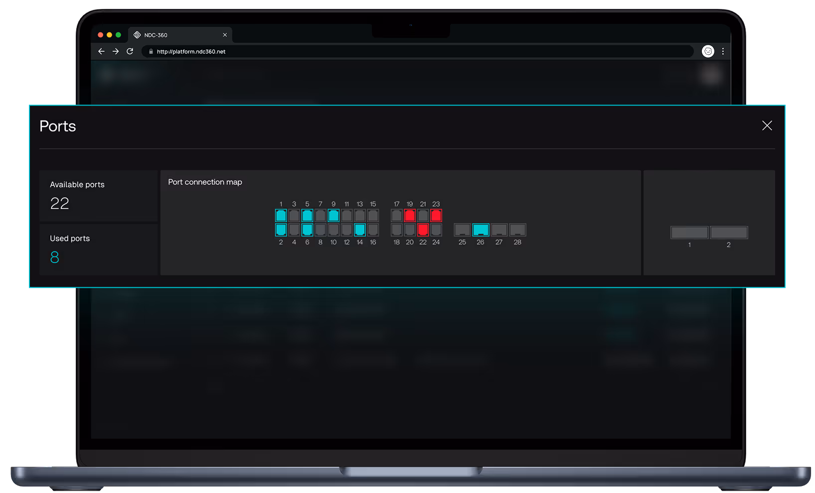 NDC360 patch panel management view with port connection map and utilization data.