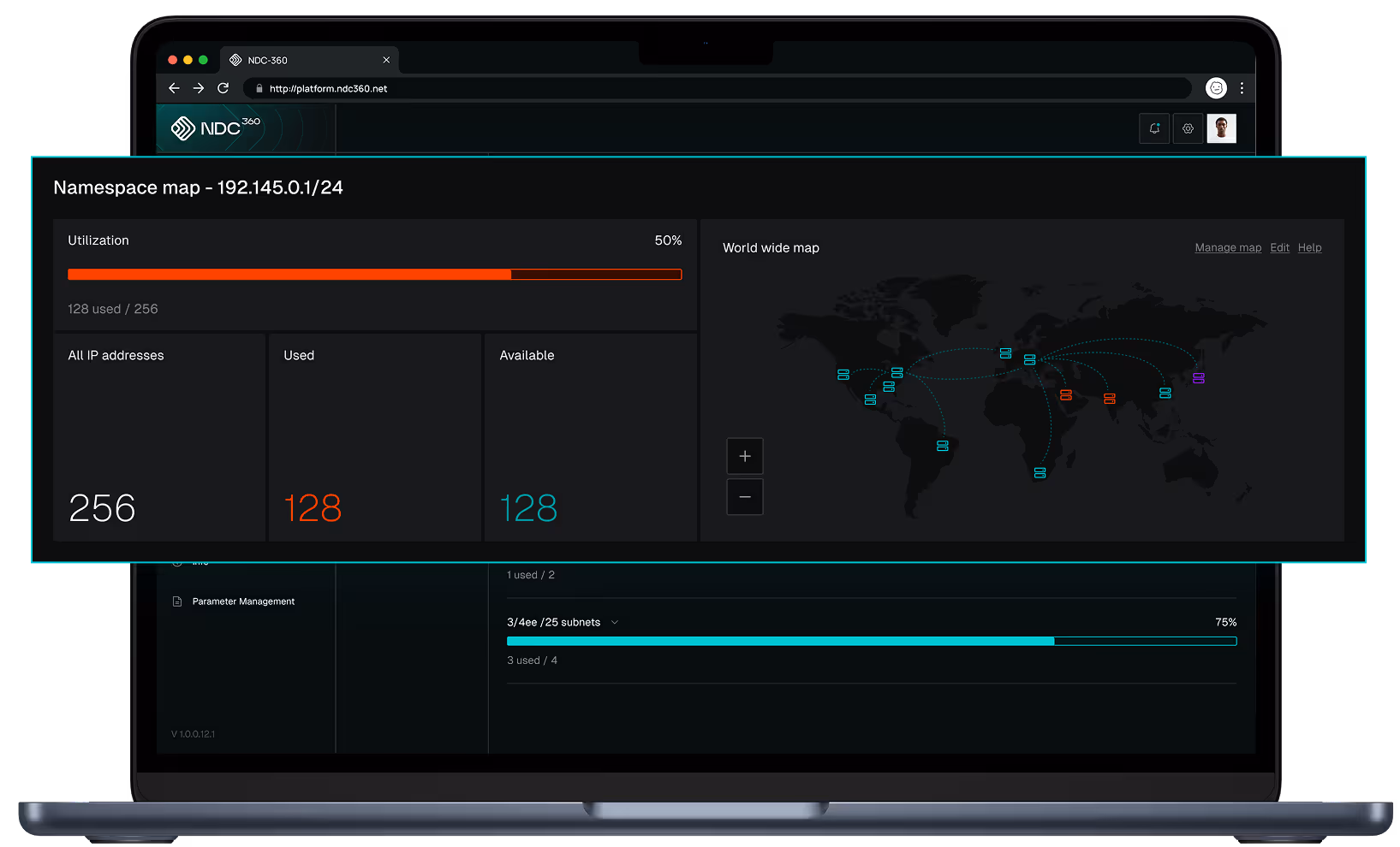 Global IP utilization and connection map displayed in the NDC360 network management system.