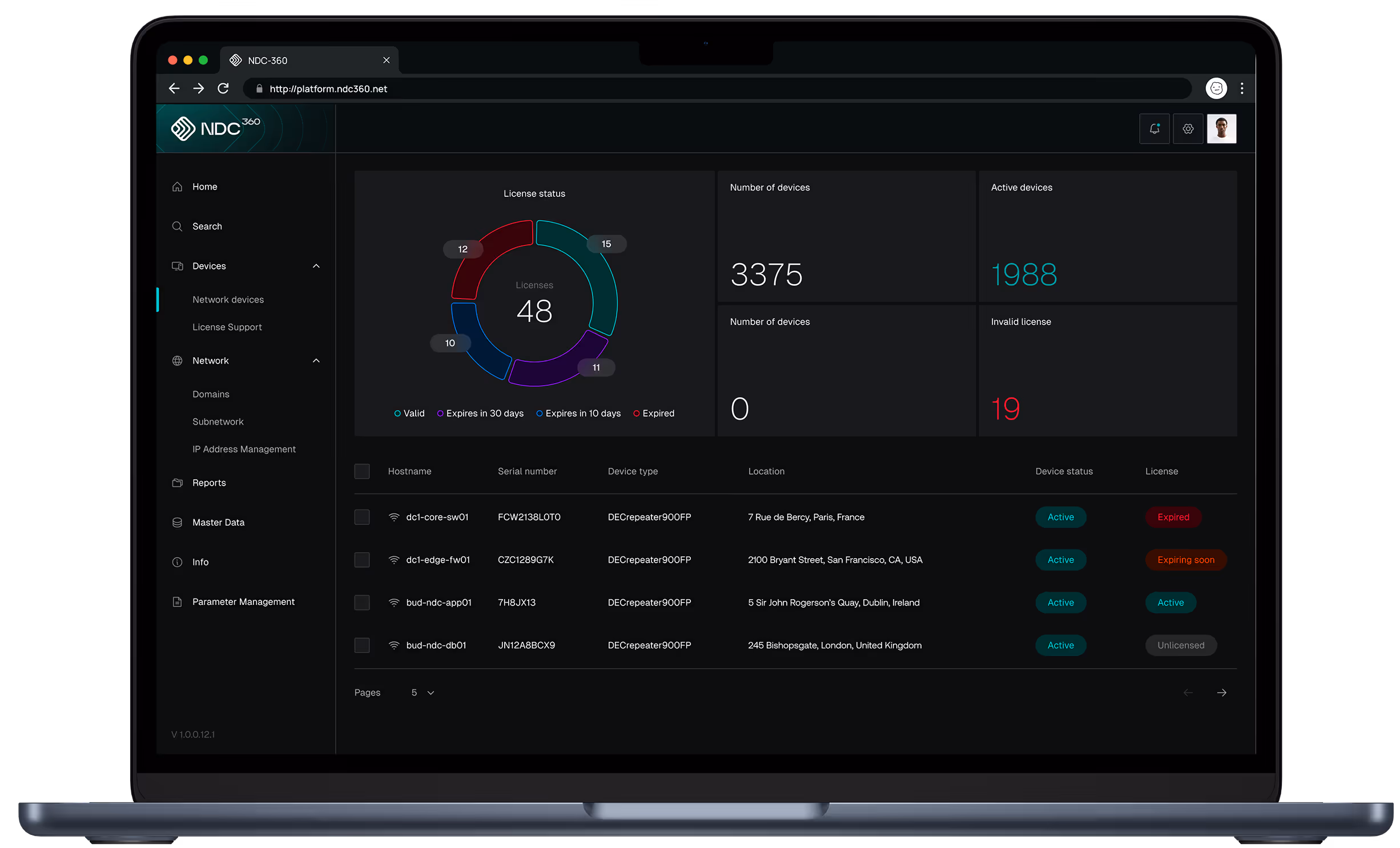 NDC360 application mockup showing network device list and performance statistics dashboard.