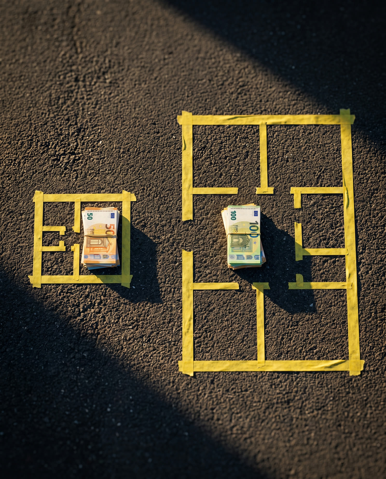 Due planimetrie disegnate con nastro adesivo giallo a terra, di dimensioni molto diverse, entrambe con la stessa quantità di banconote al centro