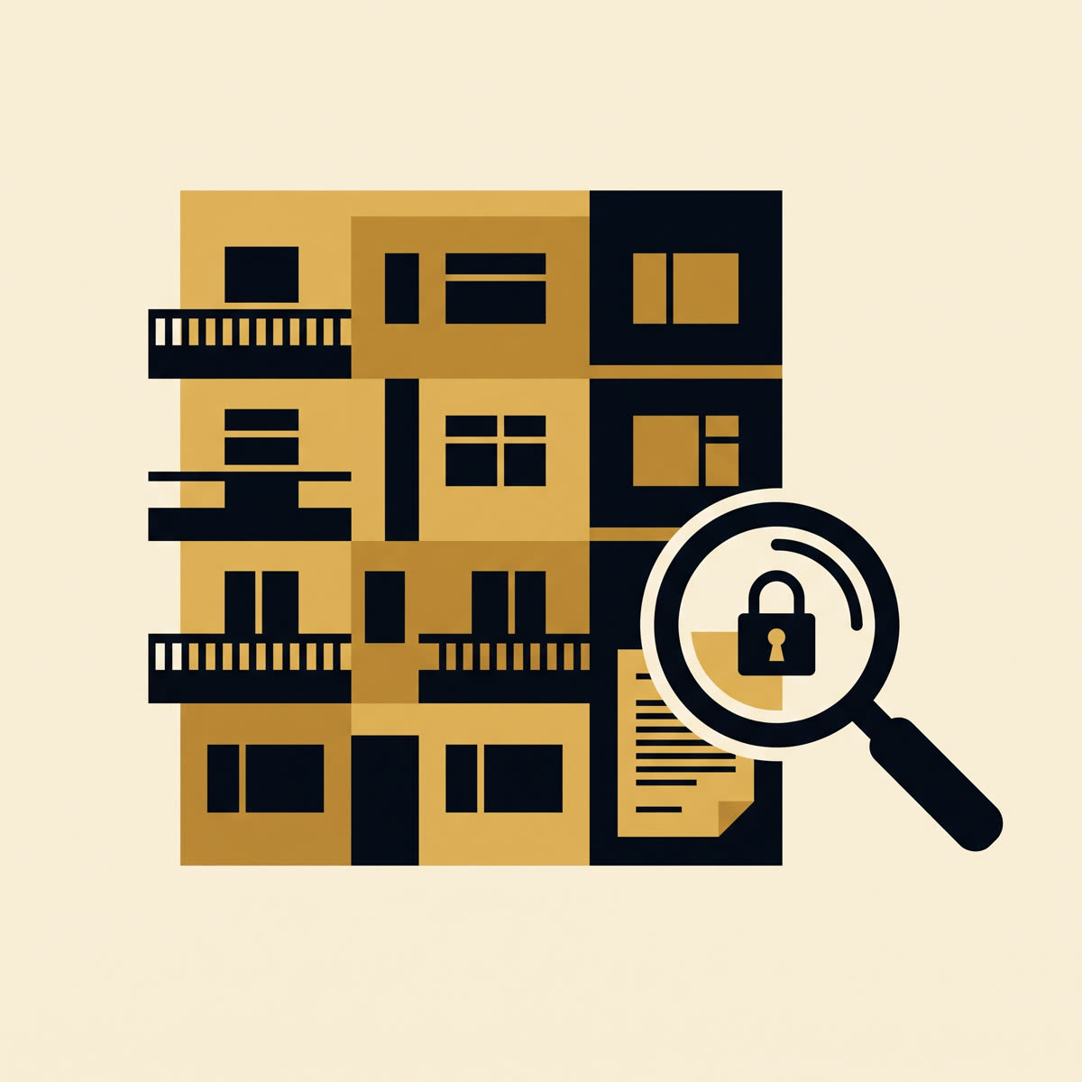 Illustrazione di una lente di ingrandimento su un documento con un lucchetto, davanti a un palazzo