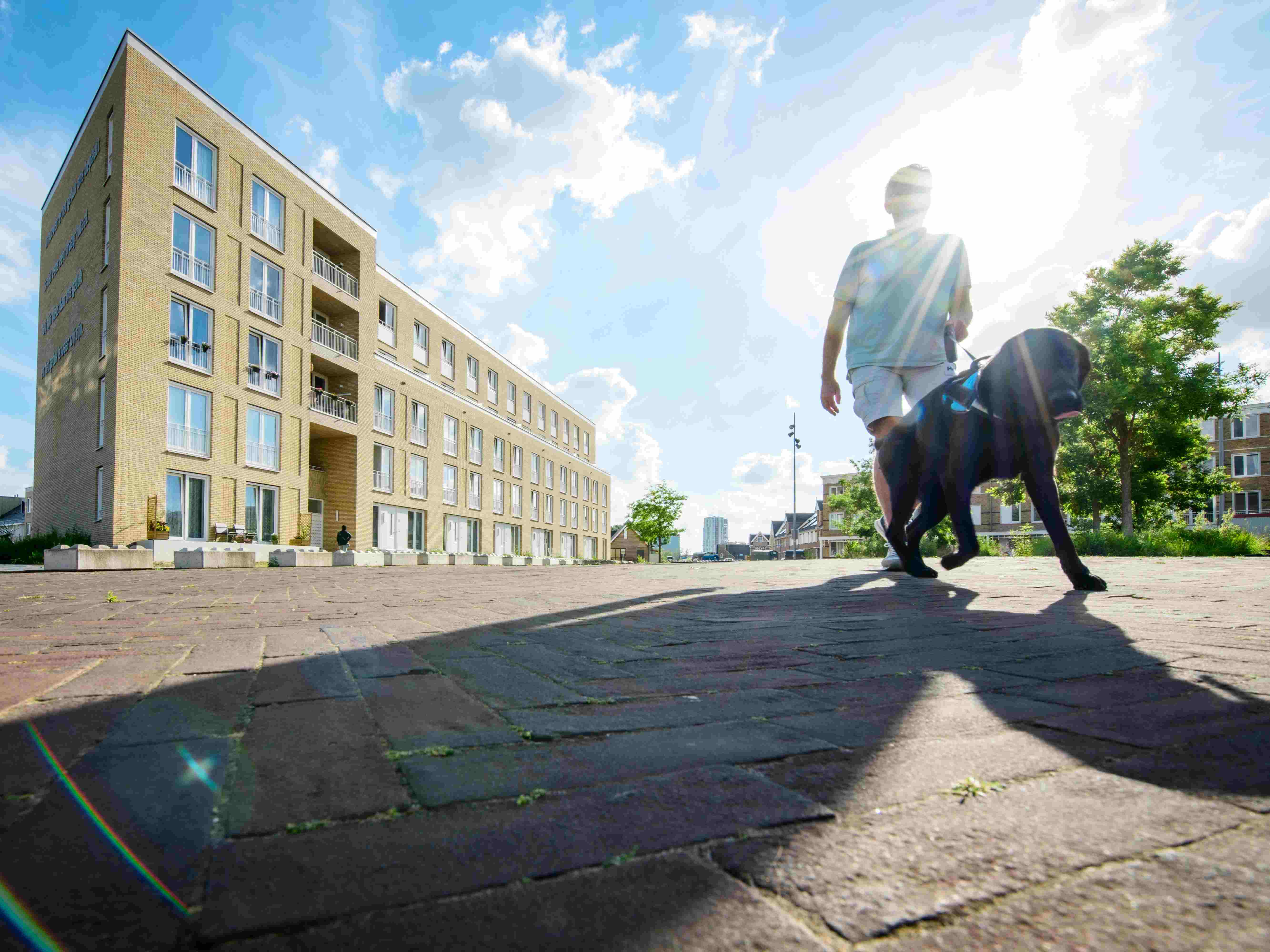 Olympia gebouw met op de voorgrond een hond die wordt uitgelaten