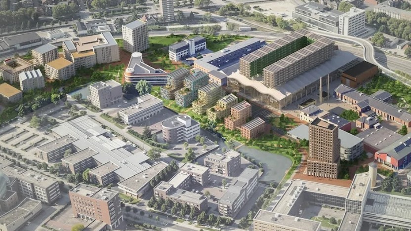 schets van projectgebied van bovenaf. Heel veel hoge flats en op de achtergrond een snelweg