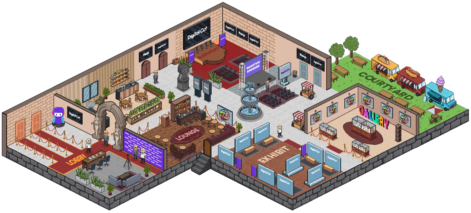 Isometric view of a digital conference floor with areas labeled Lobby, Coffee Shop, Lounge, Exhibit, Gallery, Quantum Sponsor stage, and an outdoor Courtyard with food trucks and picnic tables.