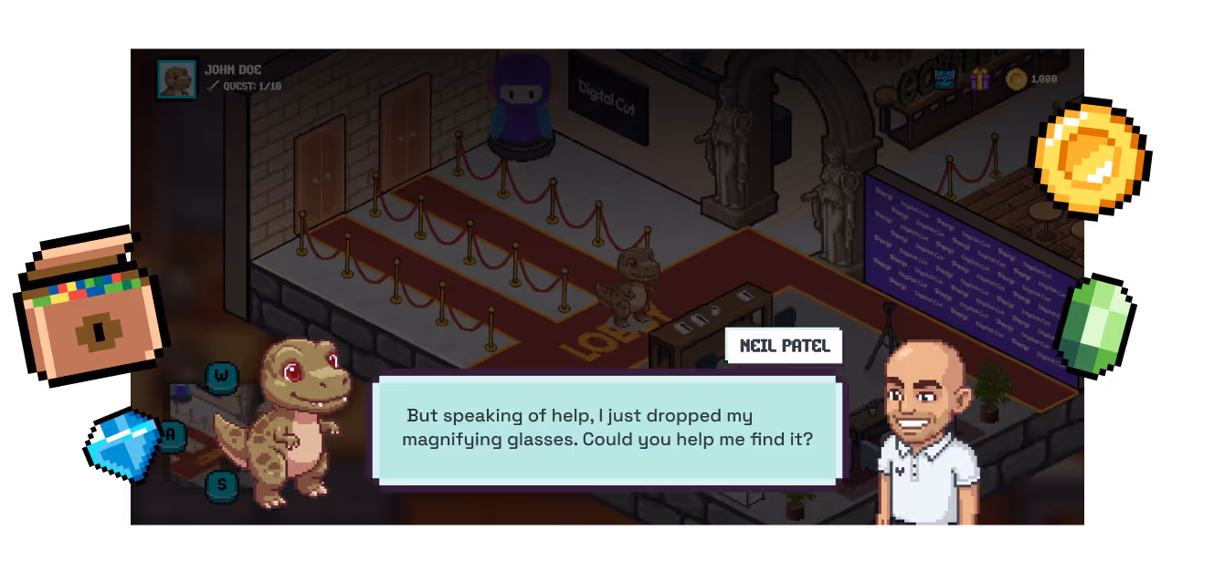 Pixel art game scene with a dinosaur character talking to a bald man named Neil Patel who asks for help finding dropped magnifying glasses.