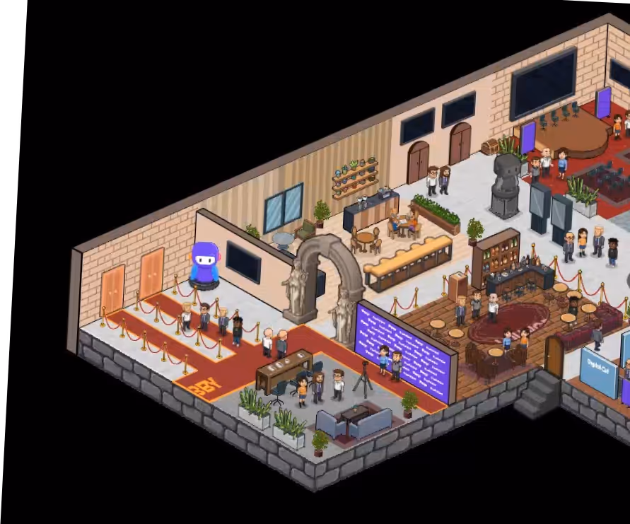 Isometric pixel-art style room featuring groups of diverse people, a large screen with text, red carpet with rope barriers, seating areas, and decorative statues and plants.