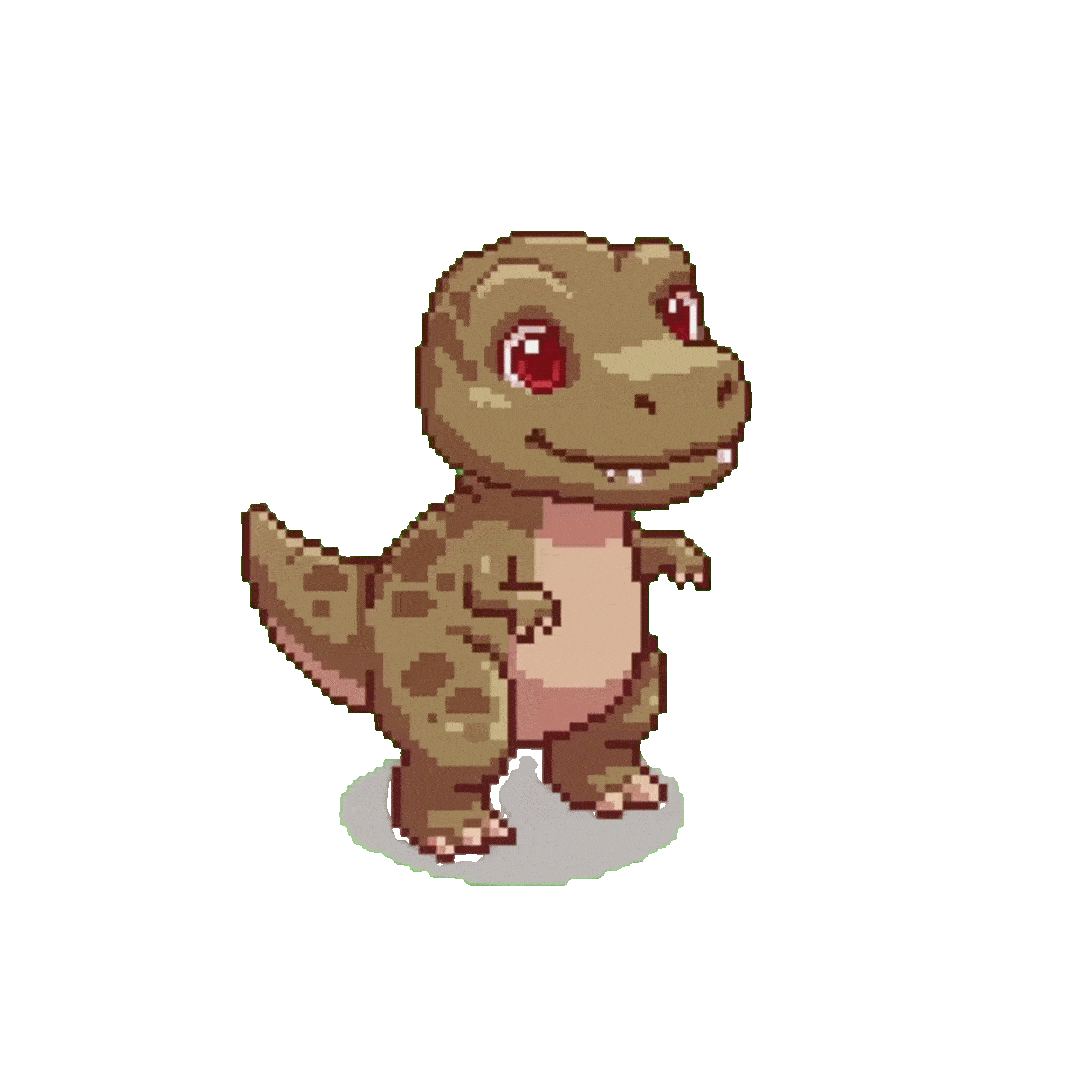 Pixel art style cute brown dinosaur with red eyes standing and blinking.