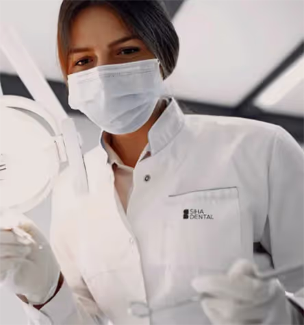 A woman in a white lab coat and face mask.