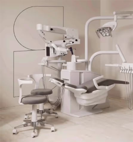 A dental room with chairs and lights.