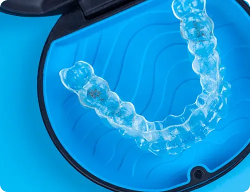 A clear brace in a blue case