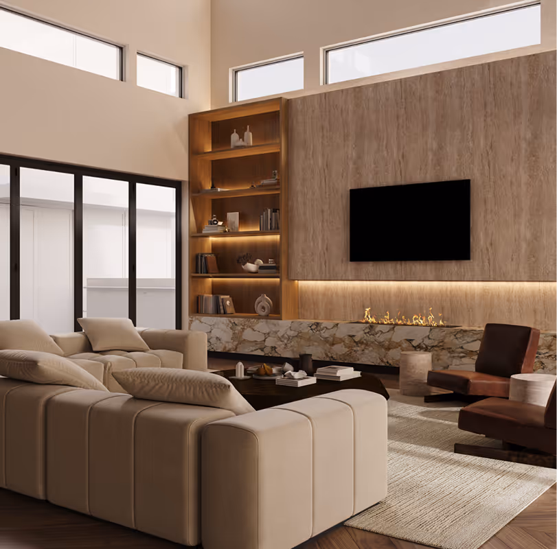 Render of modern living room with beige sectional sofa, built-in wooden shelving with lighting, a marble fireplace under a mounted flat-screen TV, and brown armchairs on a light area rug.